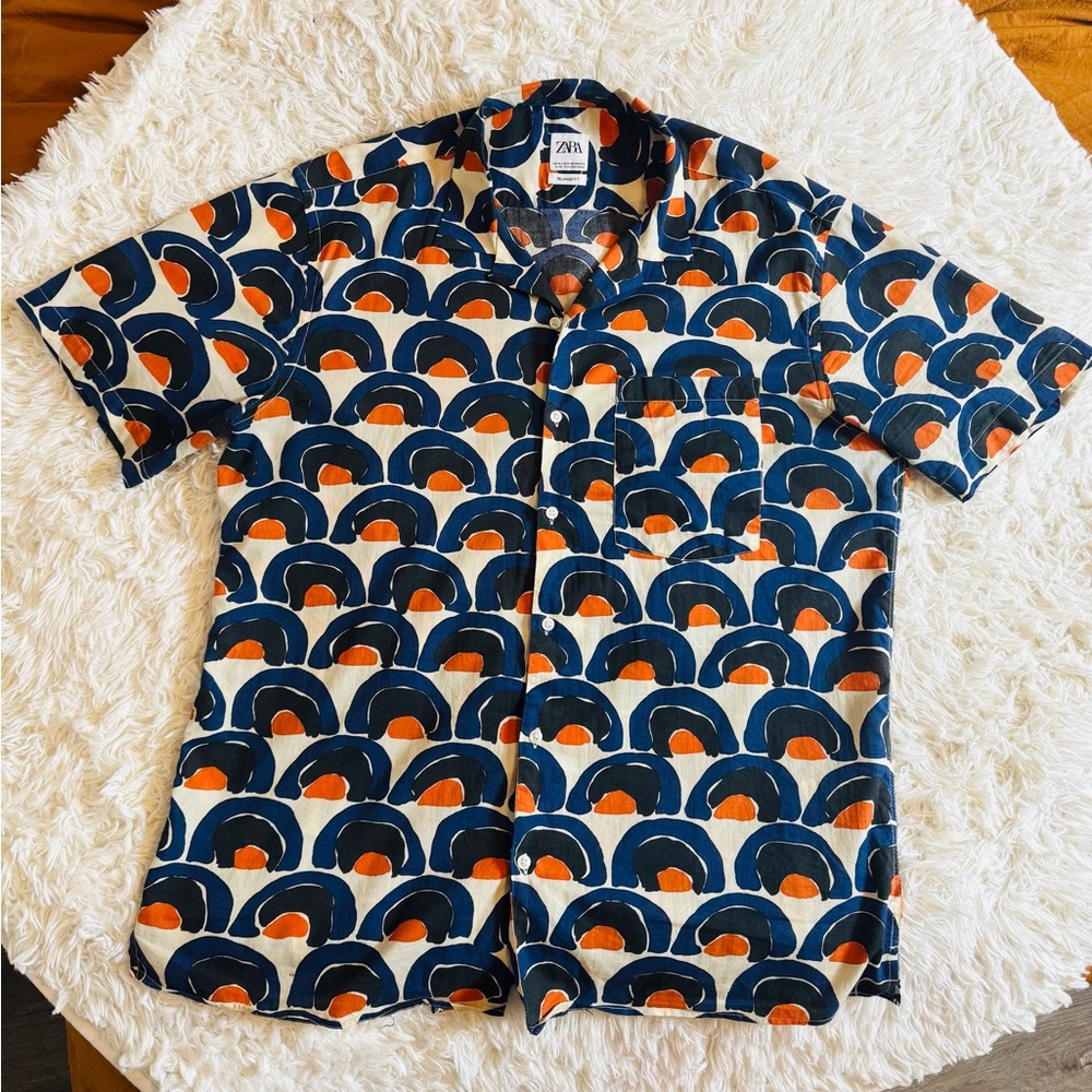 Zara Men Geometric Print Shirt Blue Orange Short Sleeve Camp Collar Resort XL